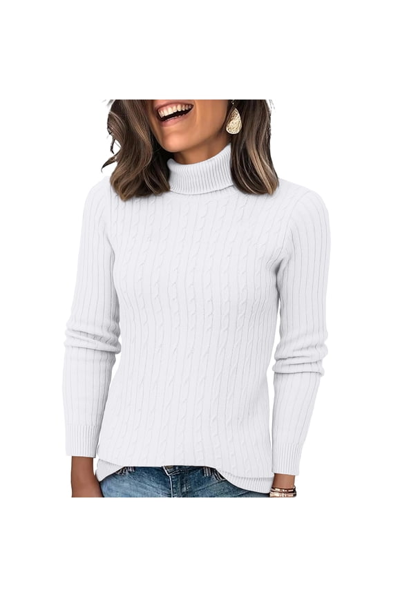 Womens Sweaters Turtleneck Cable Knit Long Sleeve Pullover Cute Fitted Trendy Basic Fall Winter Tops White XL