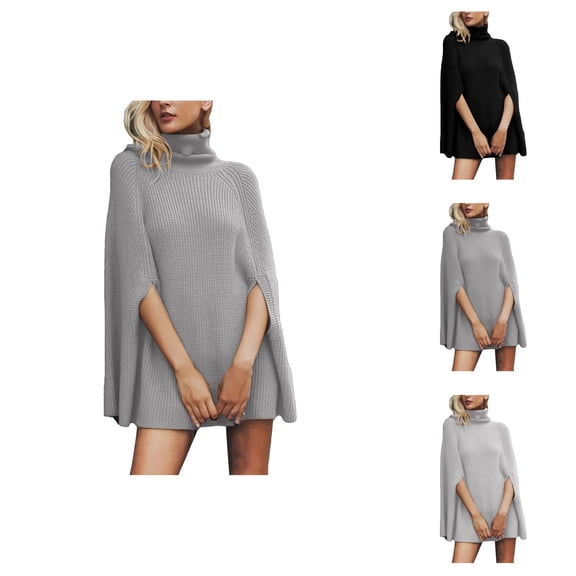 Womens Sweaters, Turtleneck Poncho Style Batwing Sleeveless Hem Side-Slit Knit Top for Layered Looks