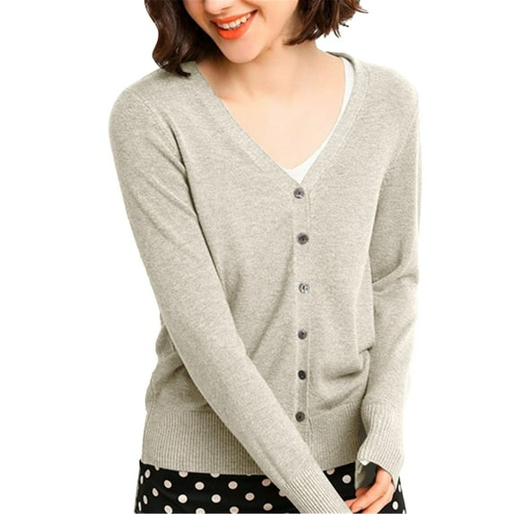 Womens Sweaters V Neck Cardigan Sweater Plus Jacket Solid Color Knitted Fall Clothes For Women ,Beige