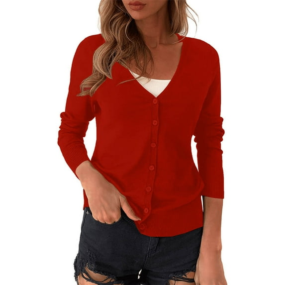Womens Sweaters V Neck Cardigan Sweater Plus Jacket Solid Color Knitted Fall Clothes For Women ,Red