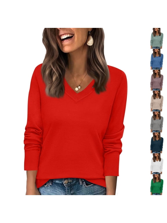 Womens Sweaters V Neck Long Sleeve Lightweight Pullover Fall Knit Tops Soft Comfy Basic Going Out Tops Fall Clothes Red L