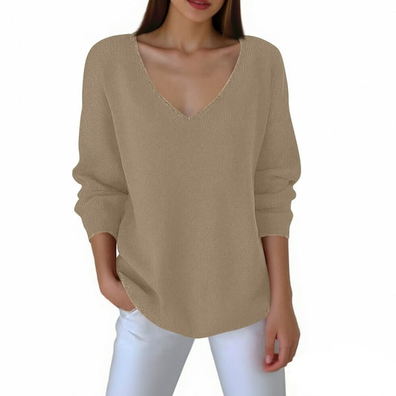 Womens Sweaters V Neck Long Sleeve Loose Fit Winter Tops Lightweight Textured Knit Casual Blouse for Everyday Wear Beige L