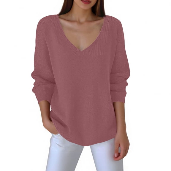Womens Sweaters V Neck Long Sleeve Loose Fit Winter Tops Lightweight Textured Knit Casual Blouse for Everyday Wear Pink XXL