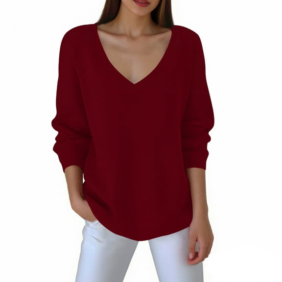 Womens Sweaters V Neck Long Sleeve Loose Fit Winter Tops Lightweight Textured Knit Casual Blouse for Everyday Wear Red XXL