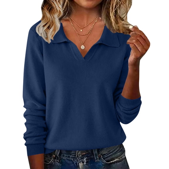 Womens Sweaters V Neck Polo Shirt Long Sleeve Work Business Casual Basic Pullover Sweater Tops 2025 Fall Outfits Blue 2XL