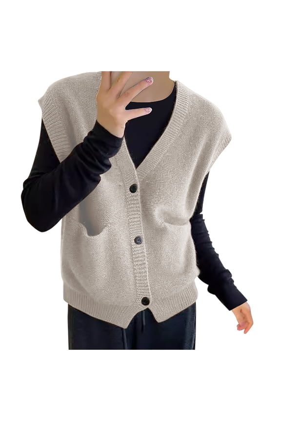 Womens Sweaters Vest Super Soft Fleece Knitted Waistcoat V Neck Tops Pockets Sleeveless Button Up Knitwear Outwear (Free Size, Beige)