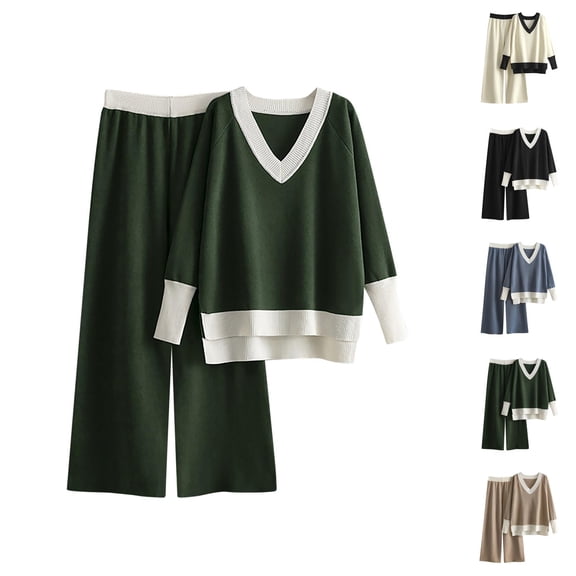 Womens Sweaters, Winter Sweaters for Women, Two Piece Set with V Neck Pullover, Contrast Color Wide Leg Pants for Casual Wear