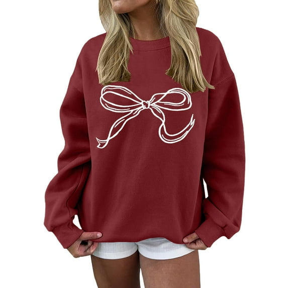 Womens Sweaters For Women Bow Graphic Sweatshirts Oversized Pullover Crewneck Tops Contrast Bow Embroidery Loose Fit Long Sleeve Fashionable Pair With Jeans M Fall Sweaters For Women
