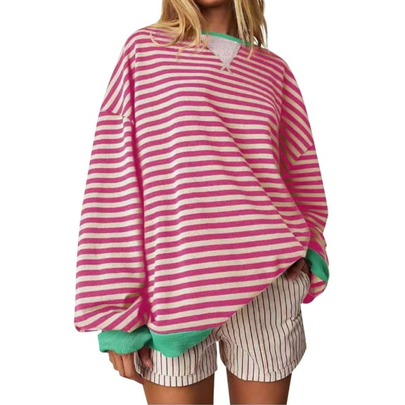 Womens Sweaters For Women Casual Minimalist Striped Embroidered Sweatshirt Round Neck Pullover With Color Insertions 95% Polyester 5% Spandex Long Sleeved Regular Fit Xl Fall Sweaters For Women