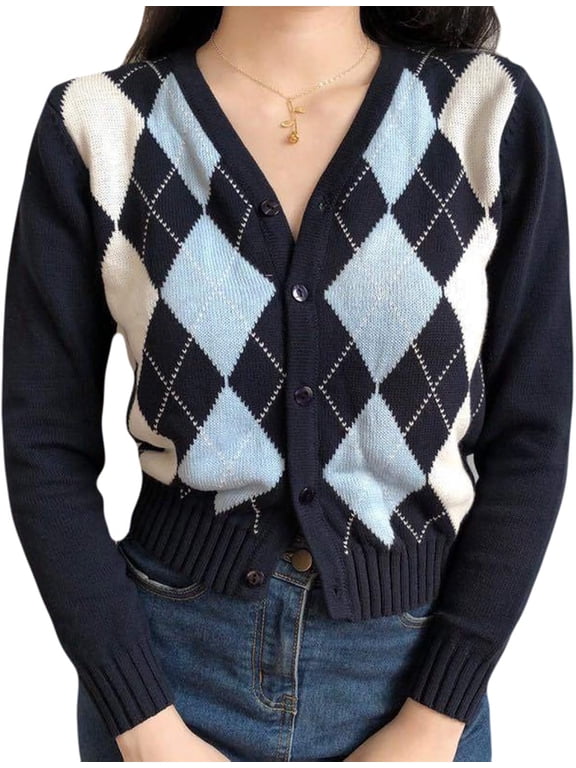 Womens Sweaters,Women Long Sleeve Knitted Cardigan Vintage Argyle Sweater Coat Button Down Crop Top Outwear