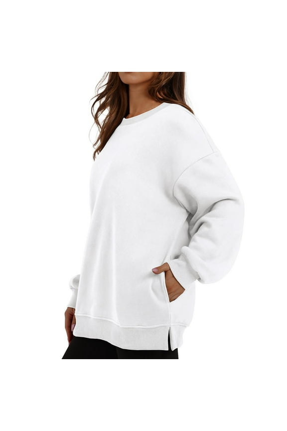 Womens Sweaters For Women Oversized Crewneck Sweatshirt Long Sleeve Pullover With Side Slits & Hidden Pockets 50% Cotton 50% Blend Fall Fashion For Casual & Work M Fall Sweaters For Women