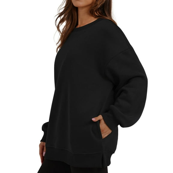 Womens Sweaters For Women Oversized Crewneck Sweatshirt Long Sleeve Pullover With Side Slits & Hidden Pockets 50% Cotton 50% Blend Fall Fashion For Casual & Work M Fall Sweaters For Women