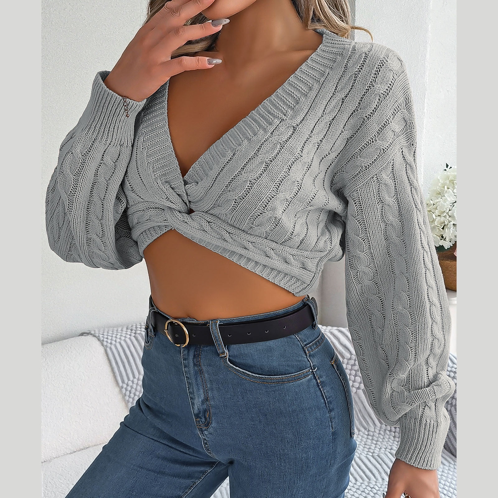 Black and Friday Deals 50 Off Clear Womens Sweaters Women S Twist Front V Neck Long Sleeve Ribbed Knit Crop Sweater Asymmetrical Pullovers Gray M Walmart