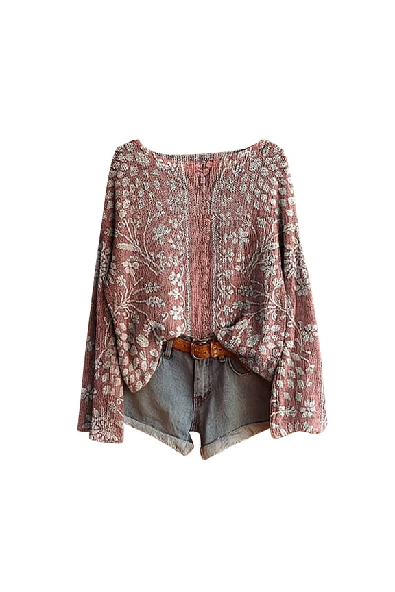 Womens Sweaters For Women Sweaters Casual Knitted Art Print Pullover Sweater Fashion Long Sleeve Crewneck Blouse Winter Warm Layer Top Loose Fit Vacation Wear Fall Sweaters For Women