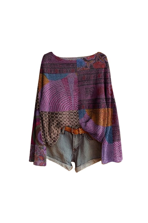 Womens Sweaters For Women Sweaters Knitted Art Print Casual Pullover Sweater Long Sleeve Crewneck Blouse Winter Warm Layer Top Soft Stretchy Fabric Street Wear Fall Sweaters For Women