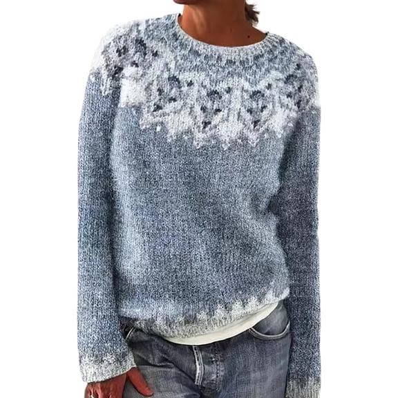 Womens Sweaters For Women Sweaters Knitted Isle Print Retro Crewneck Long Sleeve Lightweight Cropped Pullover Soft Acrylic Fibe Ribbed Trim Loose Fit Contrast Neck Package Fall Sweaters For Women