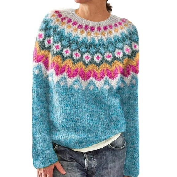 Womens Sweaters For Women Sweaters Knitted Isle Print Retro Crewneck Long Sleeve Lightweight Soft With Slight Stretch Ribbed Trim Loose Fit Polyester & Spandex Package Fall Sweaters For Women