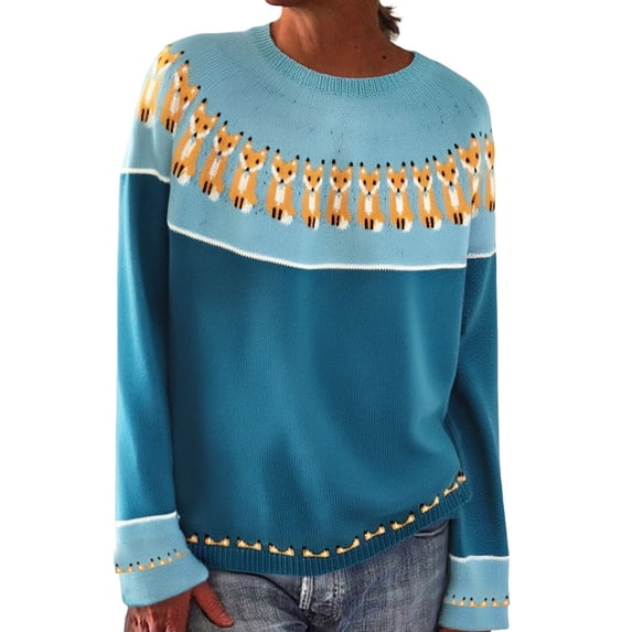 Womens Sweaters For Women Sweaters Knitted Isle Print Retro Sweater Casual Loose Crewneck Long Sleeve Pullover Acrylic Yarn Ribbed Trim Lightweight Easy To Pair Fall Sweaters For Women