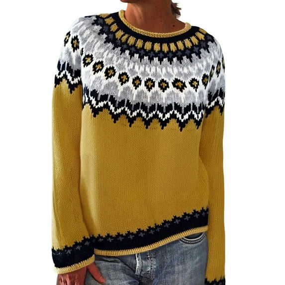 Womens Sweaters For Women Sweaters Knitted Isle Print Retro Sweater Casual Loose Crewneck Long Sleeve Pullover Acrylic Yarn Ribbed Trim Lightweight Easy To Pair Fall Sweaters For Women