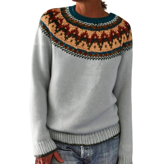 Womens Sweaters For Women Sweaters Knitted Isle Print Retro Sweater Casual Loose Crewneck Long Sleeve Pullover Acrylic Yarn Ribbed Trim Lightweight Easy To Pair Fall Sweaters For Women
