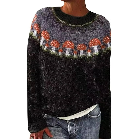 Womens Sweaters For Women Sweaters Vintage Art Print Knit Crew Neck Pullover Sweater Elastic Strip Knitting Regular Style Long Sleeves Soft Knit Fabric Package Fall Sweaters For Women