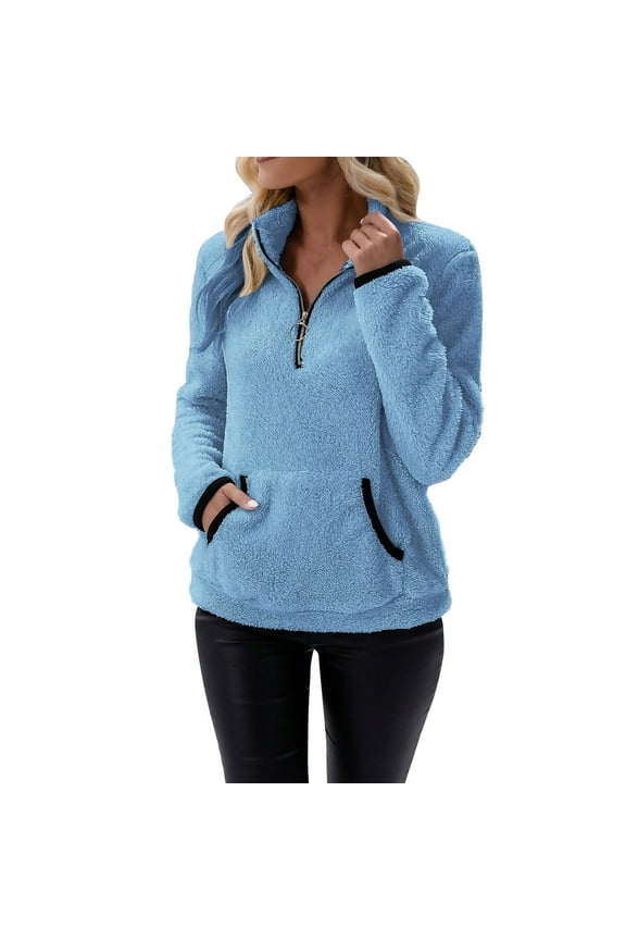 Womens Sweaters For Women Winter Color Pullover Zipper Wool Loose Tops With Pockets - Polyester Fabric Soft Lightweight Warm Machine Washable L Fall Sweaters For Women