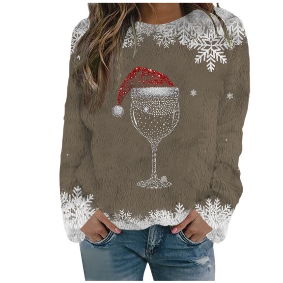 Womens Sweaters Womens Fall Tops Christmas Women's Casual Crew Neck Long Sleeve Sweatshirt With Double Faced Velvet Print