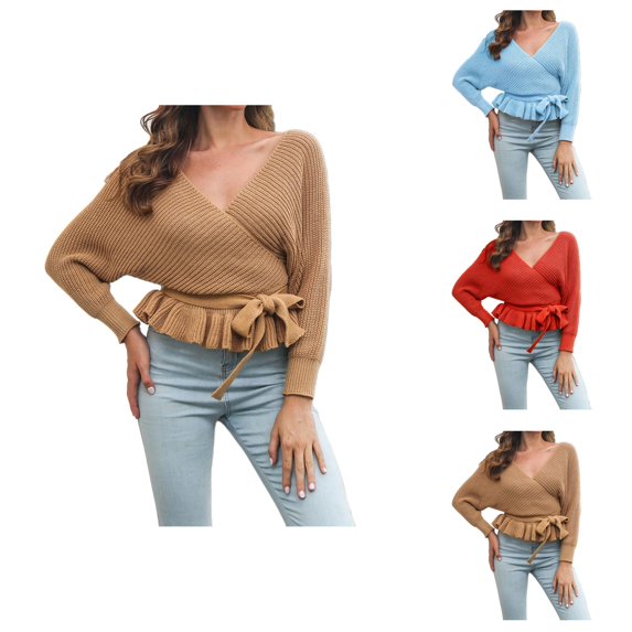 Womens Sweaters, Wrap Sweaters for Women, V Neck Batwing Sleeve Pullover, Belted Waist Ruffle Knit