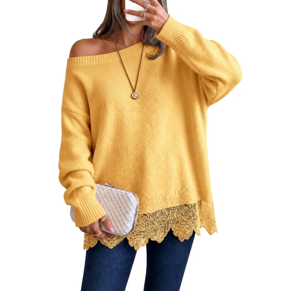 Womens Sweaters for Fall Long Sleeve Off Shoulder Lace Hem Cozy Pullover Tops Loose Fit Knit Basic Cute Y2k Fashion Sweater Yellow L