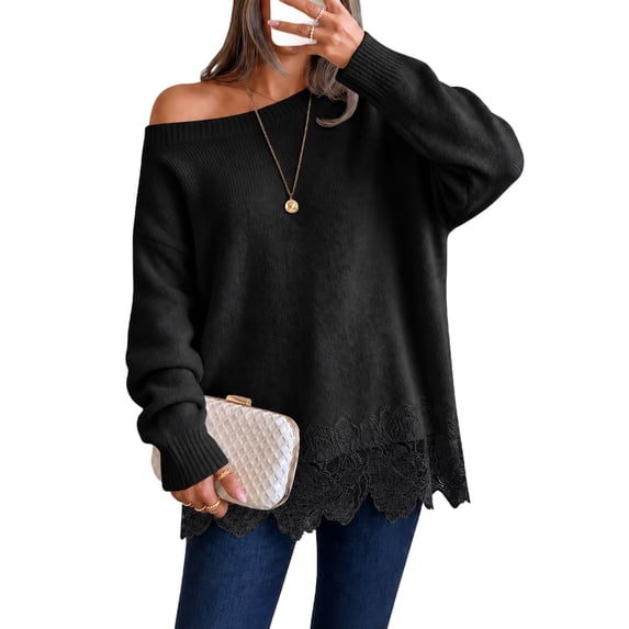 Womens Sweaters for Fall Off Shoulder Long Sleeve Loose Fit Casual Pullover Tops Lace Hem Knit Lightweight Cute Y2k Teacher Sweater Black XL