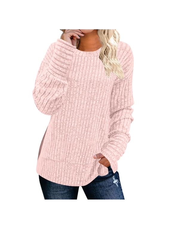 Womens Sweaters for Fall Trendy Long Sleeve Shirts Crew Neck Tunic Tops Lightweight Ribbed Casual Loose Outfits