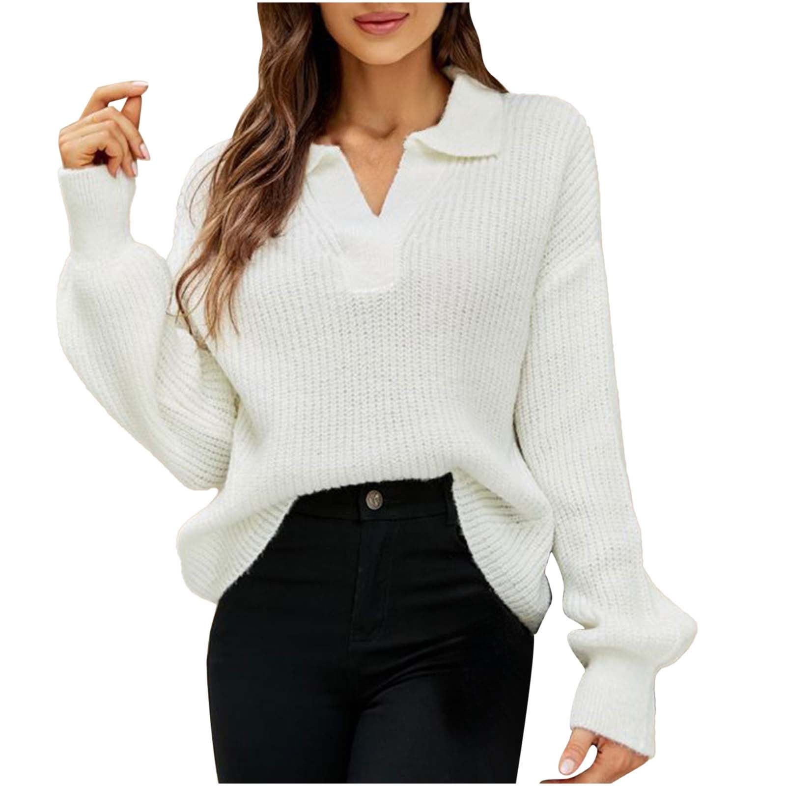Womens Sweaters with Collar V Neck Loose Knit Pullover Tops Long