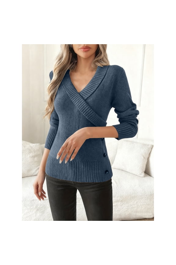 Womens Sweaters with Ribbed Detailing Soft Knitted Side Buttons Wrap V Neck Slim Fit Dressy Casual Tunic Tops (M, Navy)