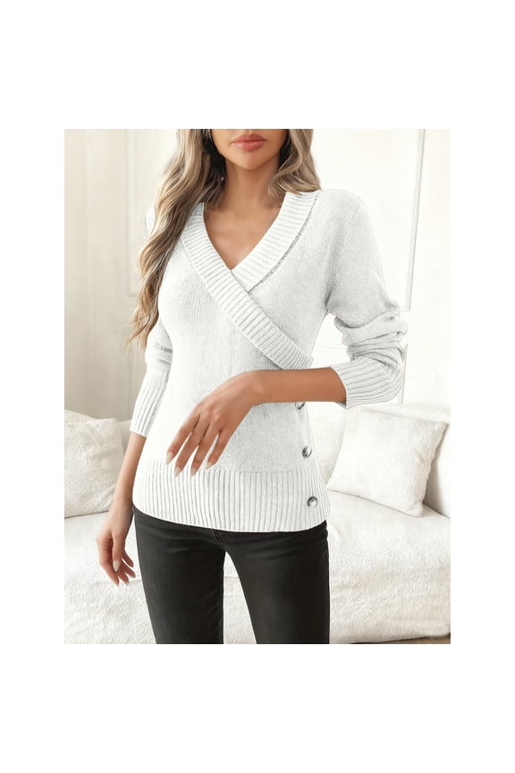 Womens Sweaters with Ribbed Detailing Soft Knitted Side Buttons Wrap V Neck Slim Fit Dressy Casual Tunic Tops (XL, White)