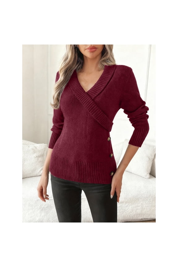 Womens Sweaters with Ribbed Detailing Soft Knitted Side Buttons Wrap V Neck Slim Fit Dressy Casual Tunic Tops (XL, Wine)