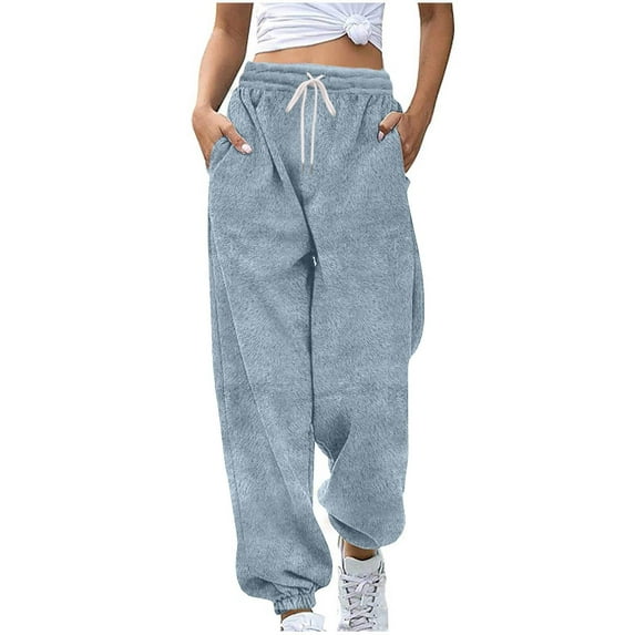 Womens Sweatpants 2025 Casual Solid Color Fleece Drawstring Elastic Waist Cuffed Ankles Side Pockets Workout Loose Pants Light Blue XL