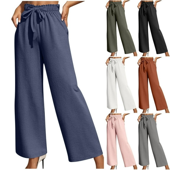 Womens Sweatpants 2025 Fall Baggy Wide Leg Loose Solid Color Elastic Waist Bandage Pocket Trousers Stretch Casual Sweatpants Navy S-3XL