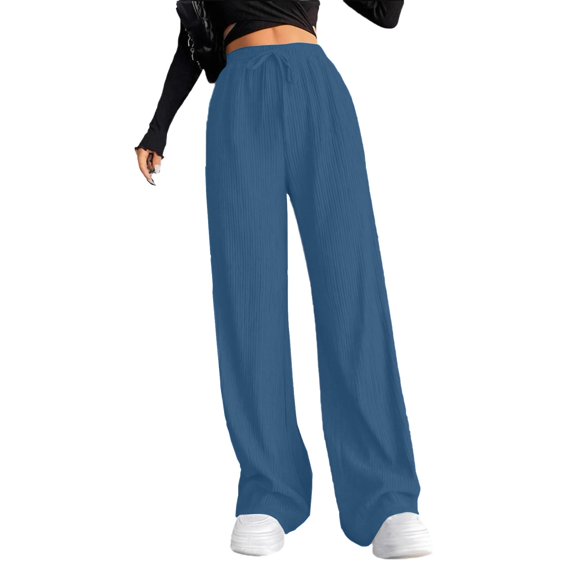 Womens Sweatpants 2025 Solid Color Casual Ribbed Elastic Jogging Sports Straight Leg Pants Light Blue 2XL