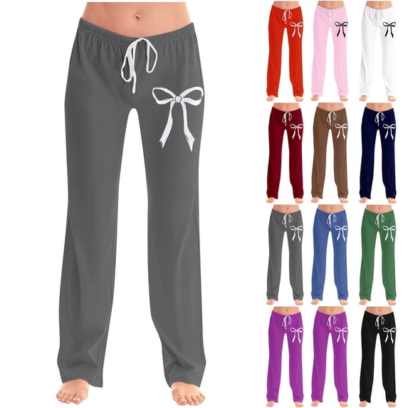 Womens Sweatpants 2026 Summer Cute Bow Print Yoga Pants Elastic Waist Drawstring Fallow Full Length Pants