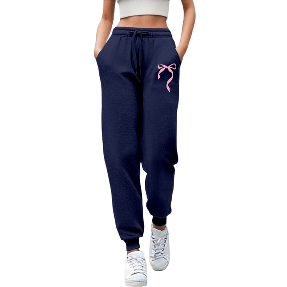 Womens Sweatpants Bow Print Straight Leg Pants Casual High Waist Drawstring Sweatpants Loose Navy XXXL