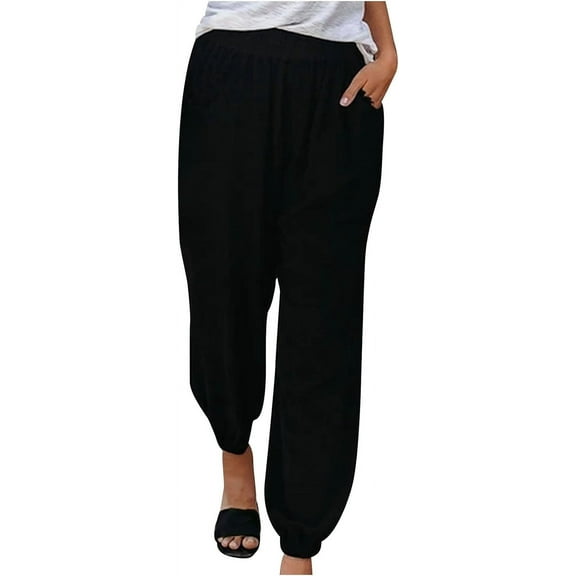 Womens Sweatpants Casual Fashion Solid Color Comfy Strap Stretch Nine-Point Pants Loose Breathable Gym Pants with Pockets