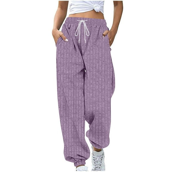 Womens Sweatpants Casual Loose Knitted Leg-Tied Workout Pants Drawstring Comfy Joggers Lounge Pant with Pockets Purple XXL