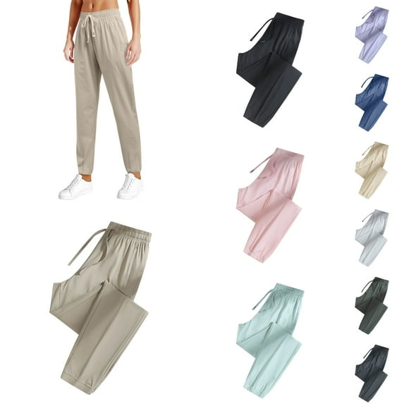 Womens Sweatpants Casual Solid Color Loose Quick Dry Silk Pants with Drawstring Comfortable Lightweight Fall Soprts Joggers for Women Khaki XL