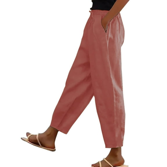 Womens Sweatpants Cotton And Linen Elastic Waistband High Waistband Pocket Pants Side Buttons Nine Point Pants Loose Casual Pants Straight Leg Pants