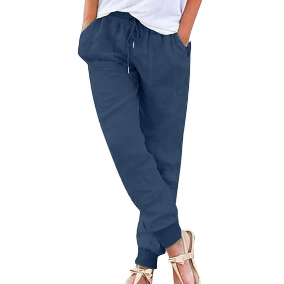 Womens Sweatpants Cotton Linen Lightweight Summer Casual Pants for Women High Waisted Solid Color Trousers Slacks (Small, Navy)