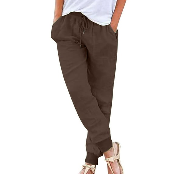 Womens Sweatpants Cotton Linen Lightweight Summer Casual Pants for Women High Waisted Solid Color Trousers Slacks (X-Large, Brown)