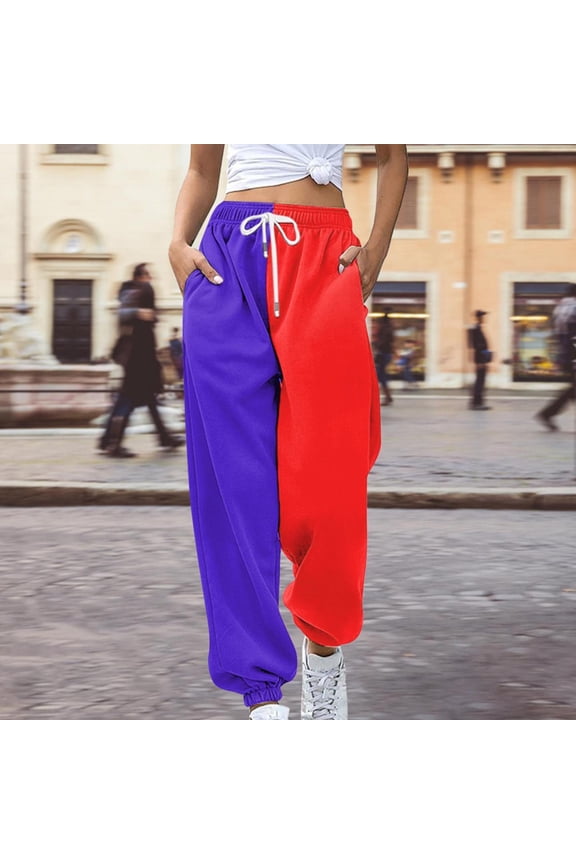Womens Sweatpants Fashion Women's Loose Breathable Colorblocking Casual Pants Side Pockets Leg Opening Drawstring Seasonal Casual Pants Ladies Casual Pants Fashion Clothing