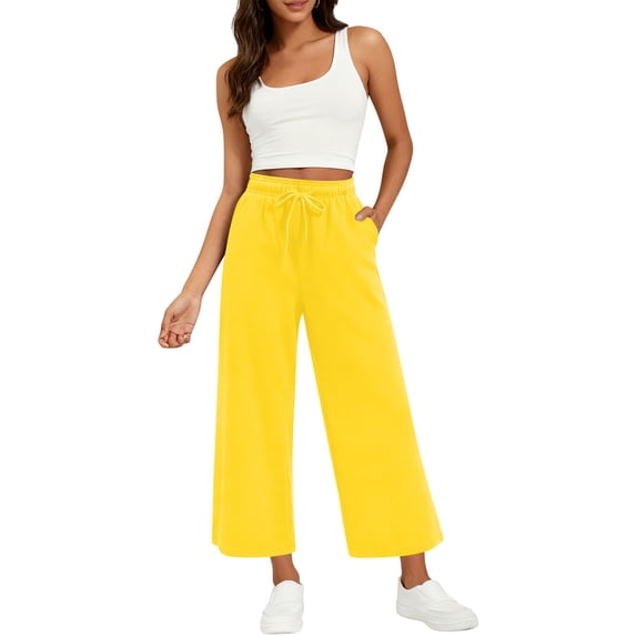 Womens Sweatpants High Waist Nine Point Solid Color Loose Casual Wide Leg Sweatpants Women Yellow Xl