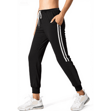 Womens Sweatpants Joggers with Pockets Bottom Lounge Pant Lady Athletic Gym Lounge Pants Side Stripe for Workout Running Black