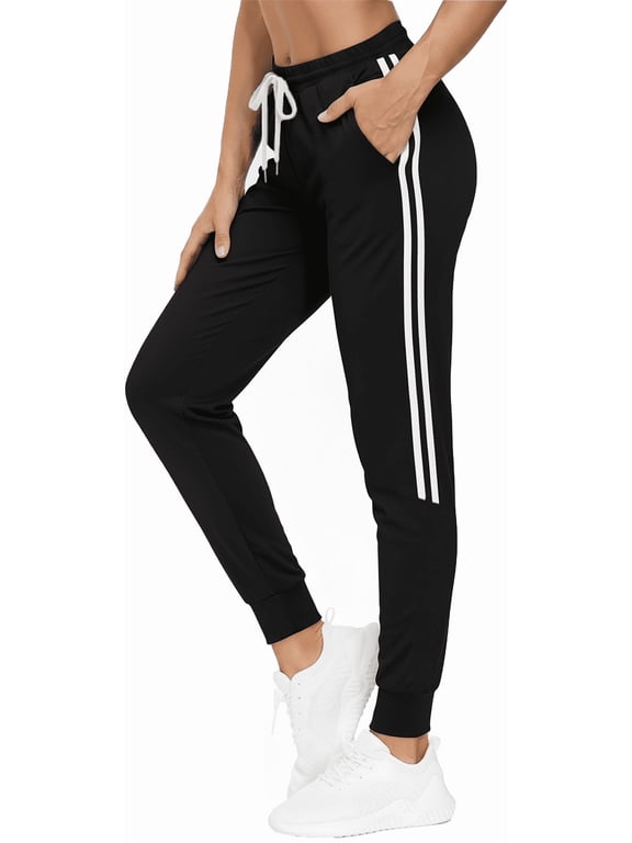 Womens Sweatpants Joggers with Pockets Bottom Track Lounge Pant Lady Athletic Gym Lounge Pants Side Stripe for Workout Running Black